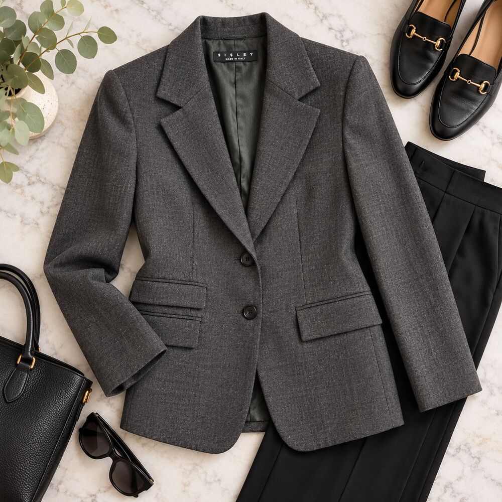 Sisley Women's 100% Pure New Wool Blazer Made in Italy Gray Size 40 Tailored